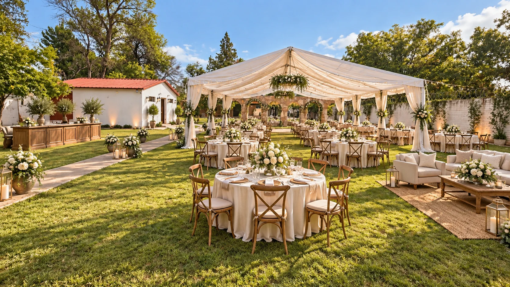 Ejemplo de montaje con carpa en los jardines de Casa Margarita