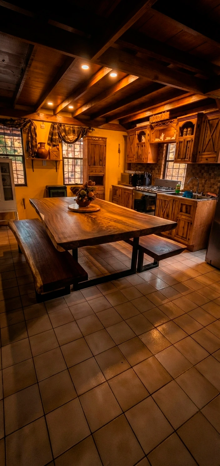 Cocina equipada con comedor de madera